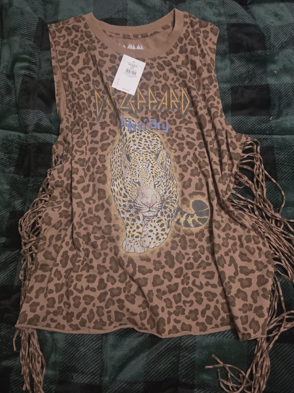 Leopard Graphic Fringe Tank Top - Brown